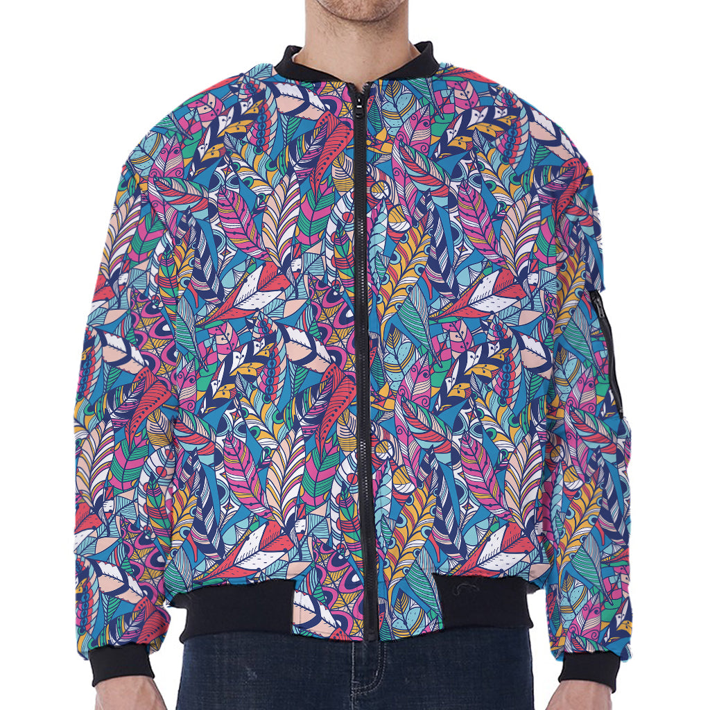 Boho Feather Pattern Print Zip Sleeve Bomber Jacket