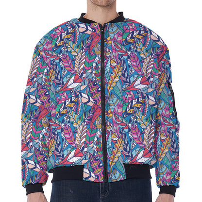 Boho Feather Pattern Print Zip Sleeve Bomber Jacket