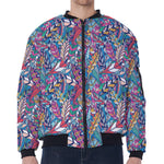 Boho Feather Pattern Print Zip Sleeve Bomber Jacket