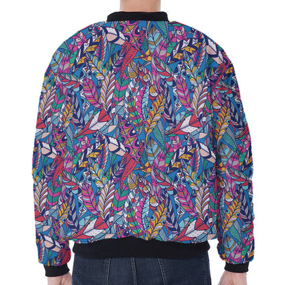Boho Feather Pattern Print Zip Sleeve Bomber Jacket
