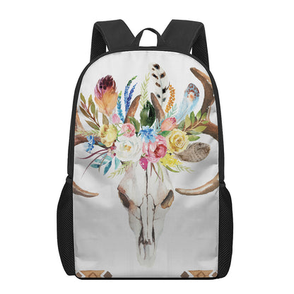 Boho Floral Deer Skull Print 17 Inch Backpack