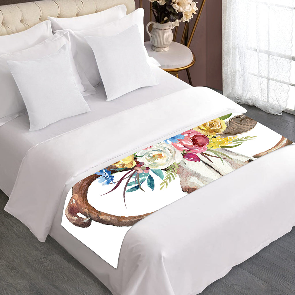 Boho Floral Deer Skull Print Bed Runner