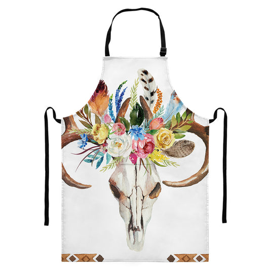 Boho Floral Deer Skull Print Bib Apron With Pocket