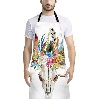 Boho Floral Deer Skull Print Bib Apron With Pocket