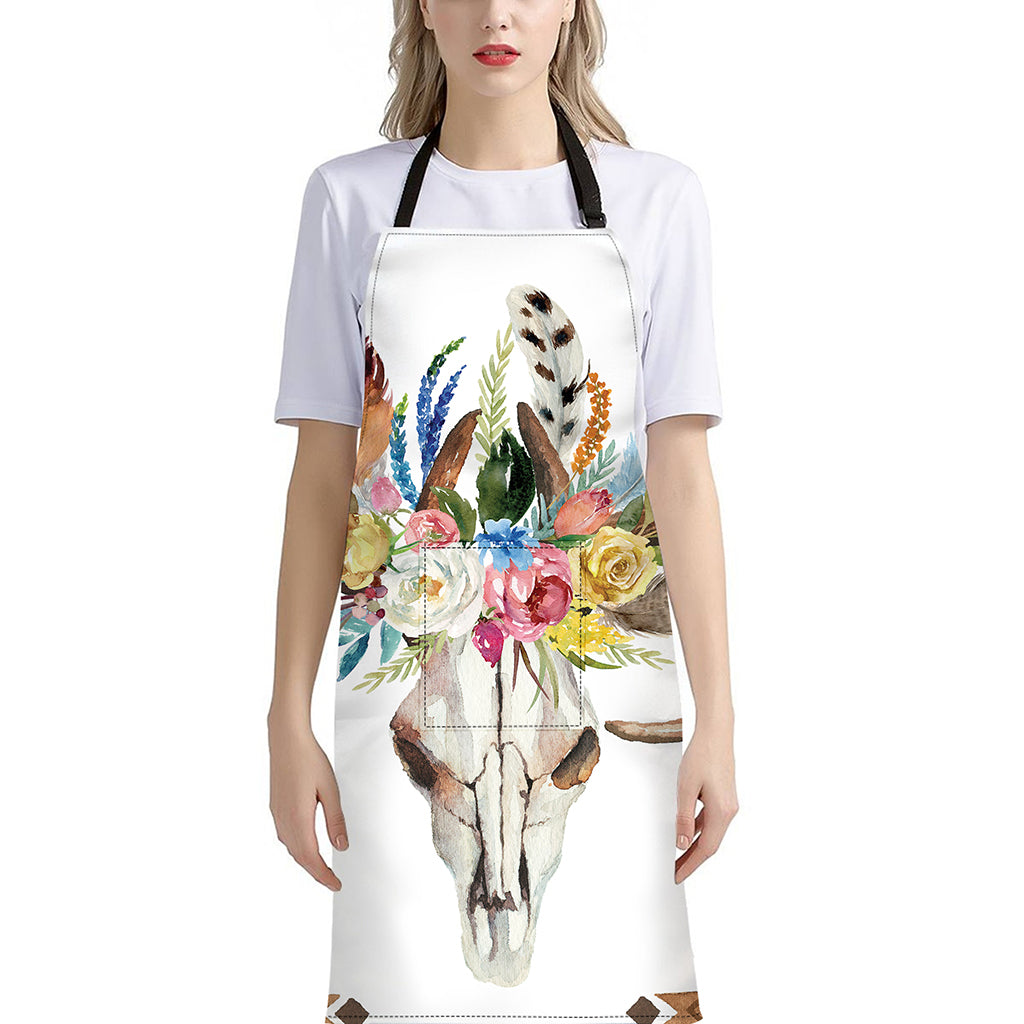 Boho Floral Deer Skull Print Bib Apron With Pocket