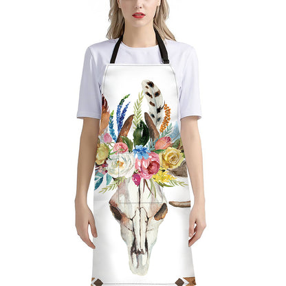 Boho Floral Deer Skull Print Bib Apron With Pocket