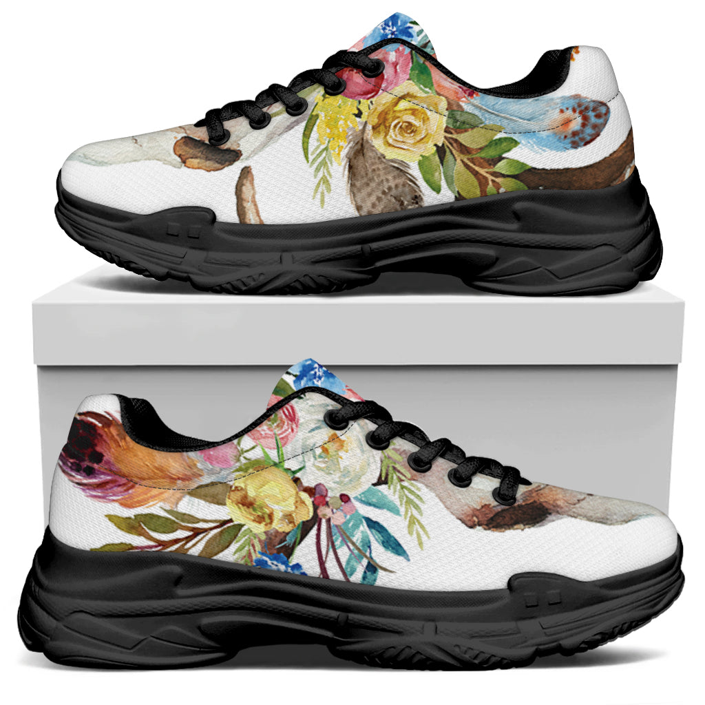 Boho Floral Deer Skull Print Black Chunky Shoes