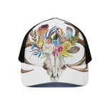 Boho Floral Deer Skull Print Black Mesh Trucker Cap