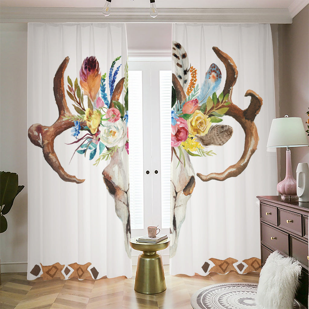 Boho Floral Deer Skull Print Blackout Pencil Pleat Curtains