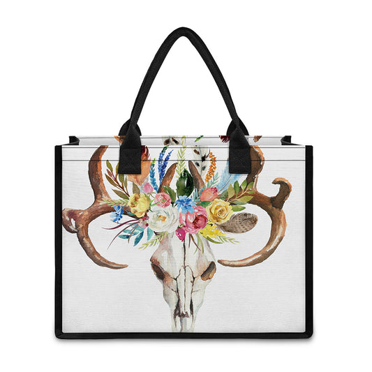 Boho Floral Deer Skull Print Canvas Tote Bag