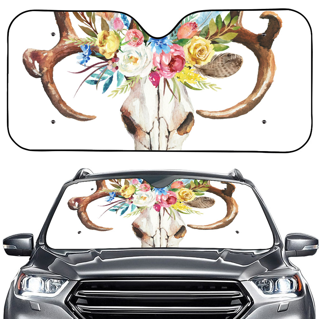 Boho Floral Deer Skull Print Car Windshield Sun Shade