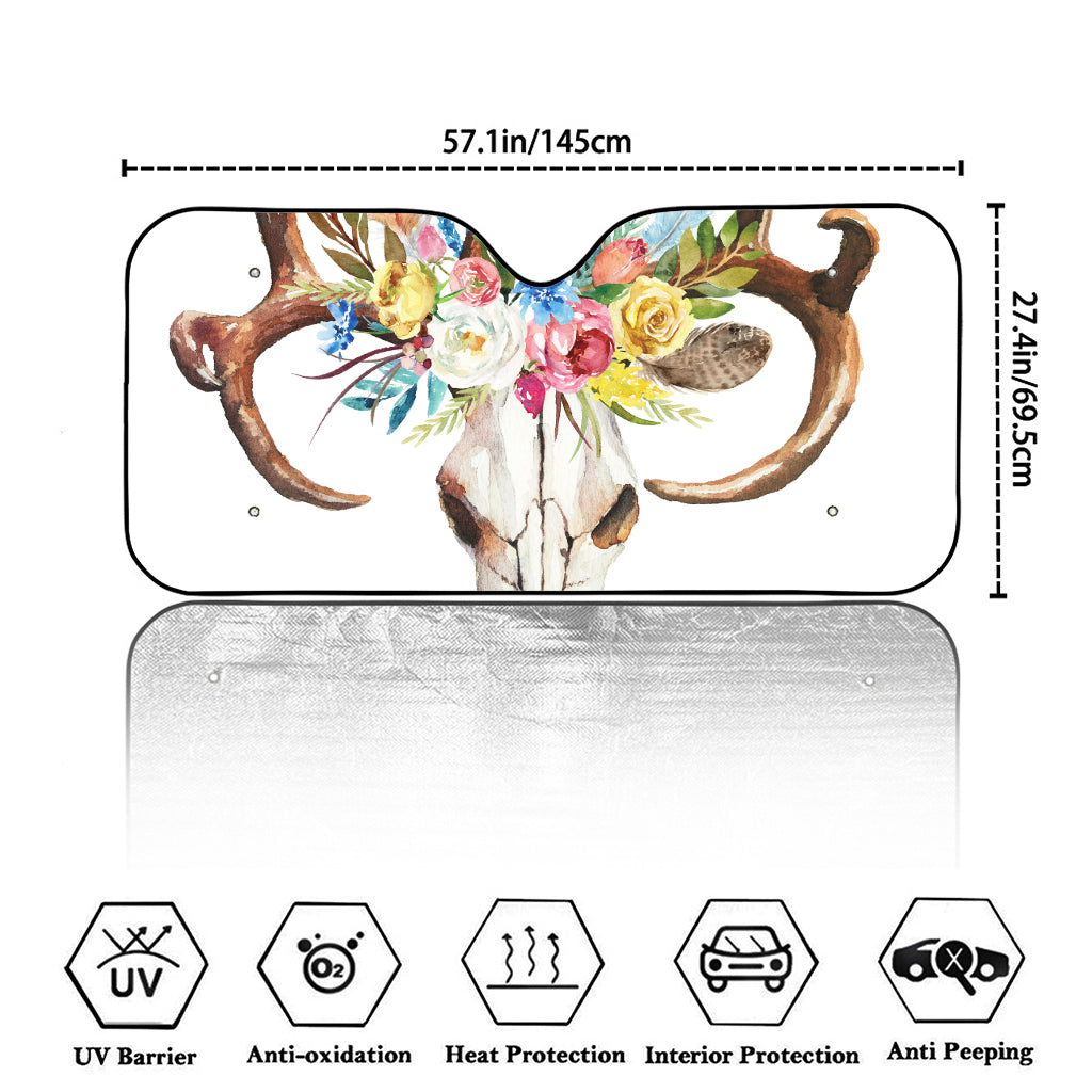 Boho Floral Deer Skull Print Car Windshield Sun Shade