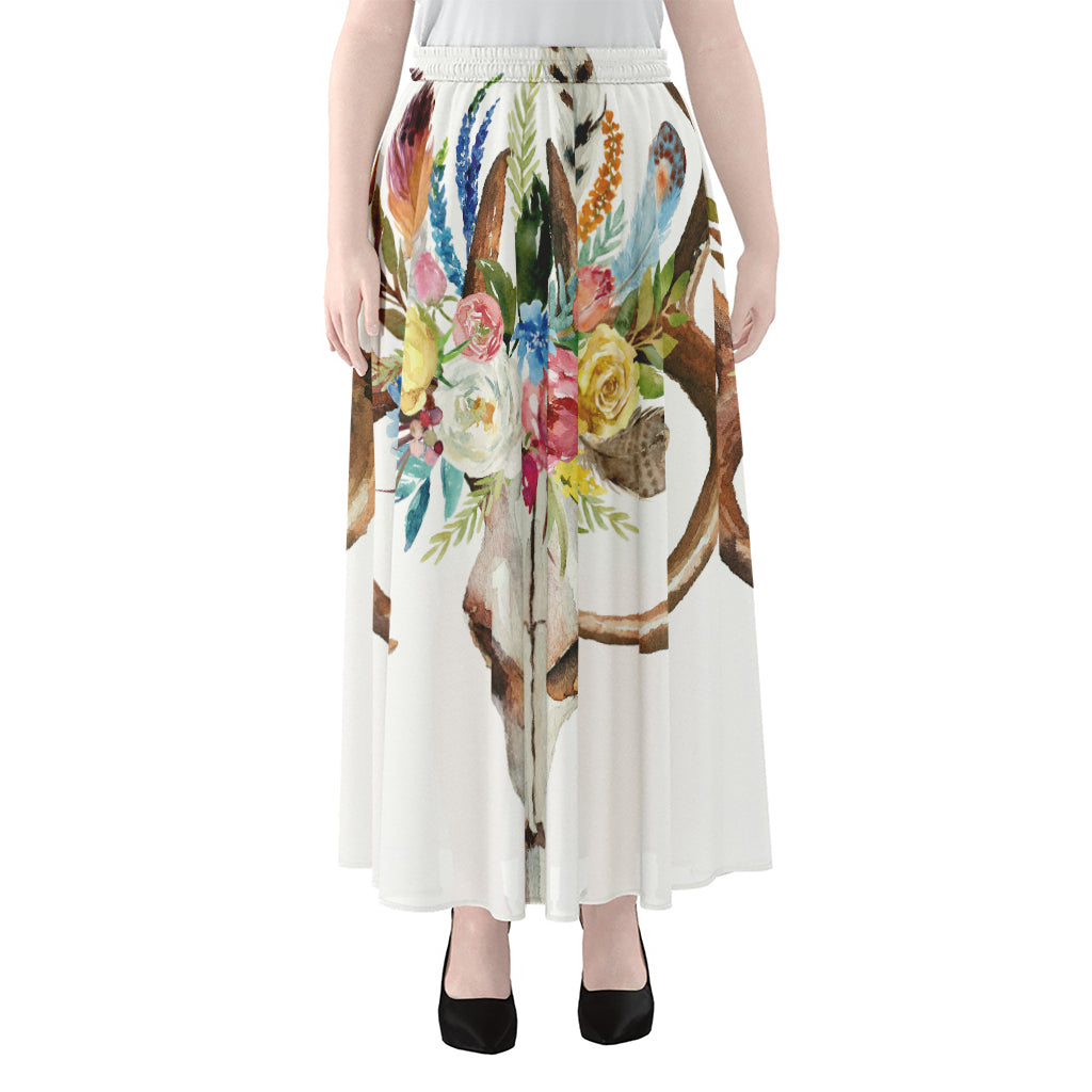 Boho Floral Deer Skull Print Chiffon Maxi Skirt
