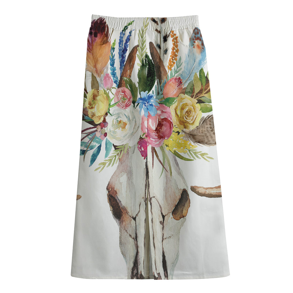 Boho Floral Deer Skull Print Cotton Front Slit Maxi Skirt