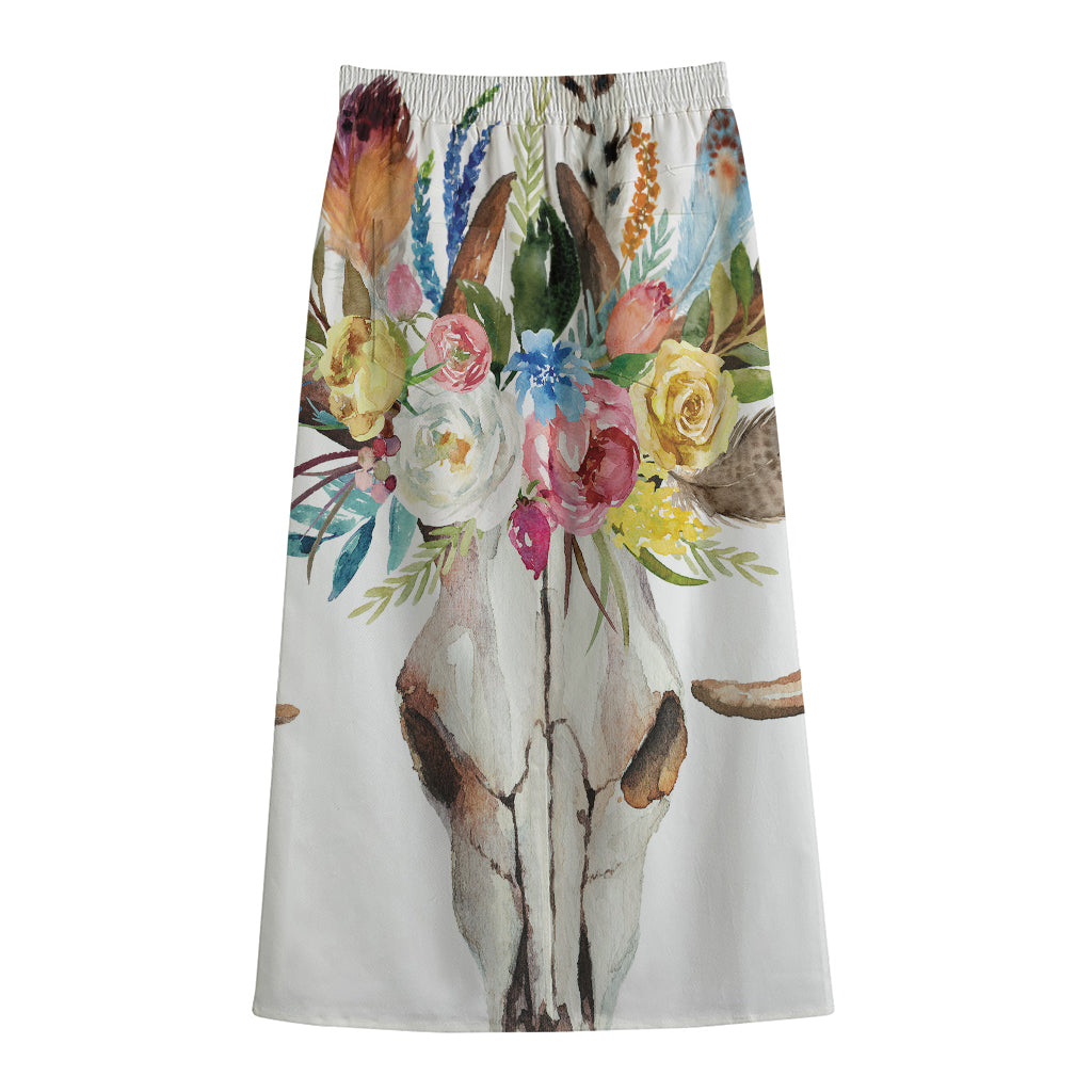 Boho Floral Deer Skull Print Cotton Front Slit Maxi Skirt