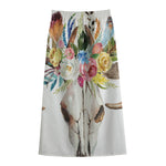 Boho Floral Deer Skull Print Cotton Front Slit Maxi Skirt