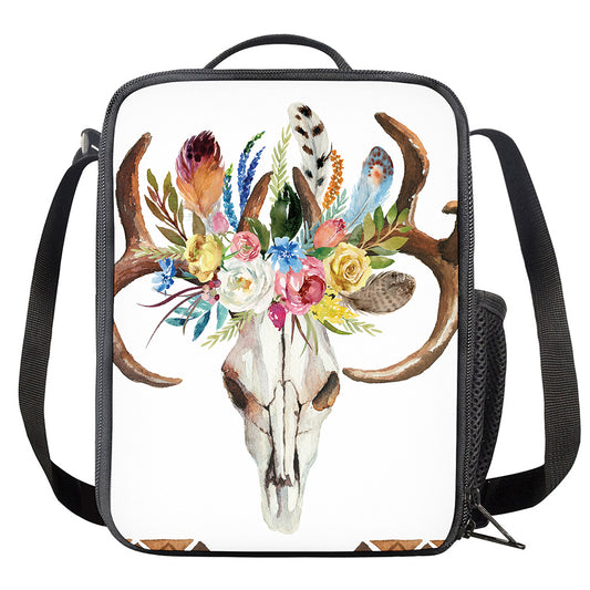 Boho Floral Deer Skull Print Crossbody Lunch Bag