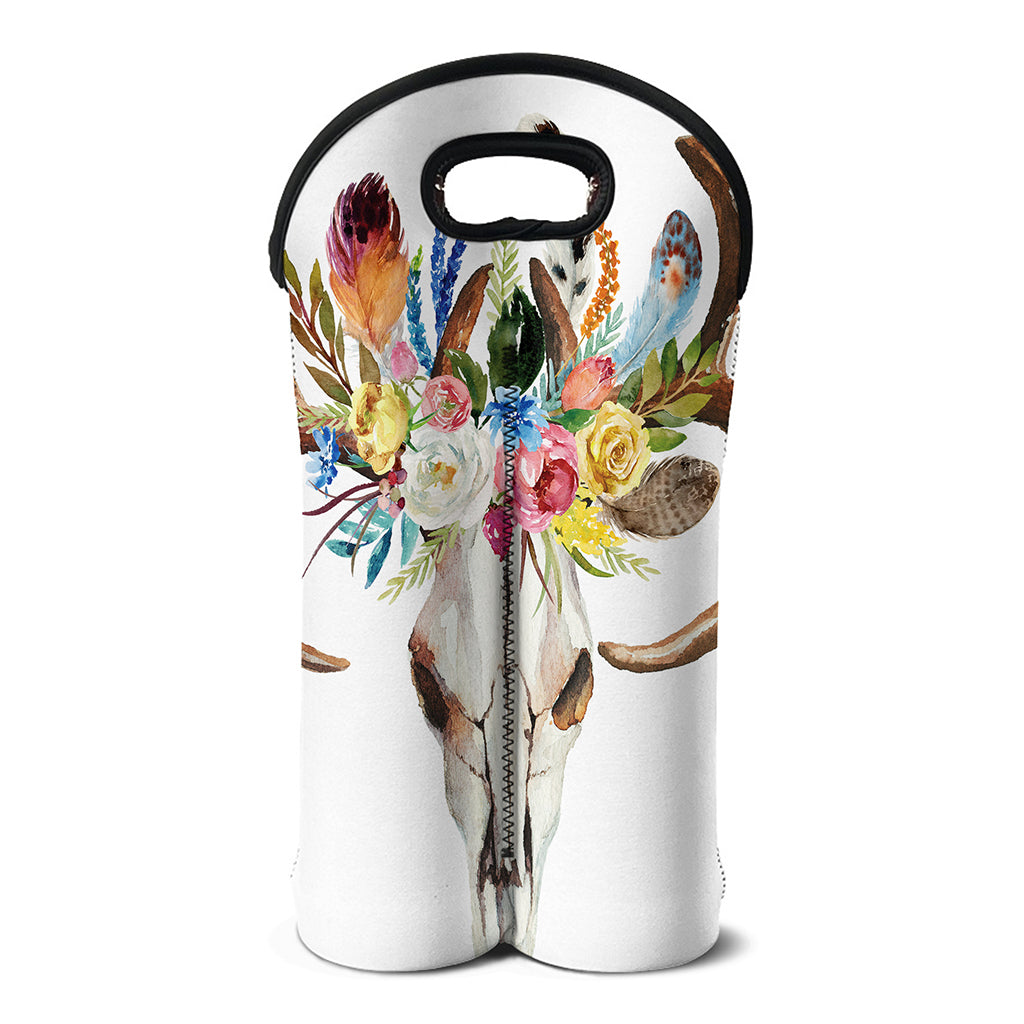 Boho Floral Deer Skull Print Double Neoprene Wine Tote