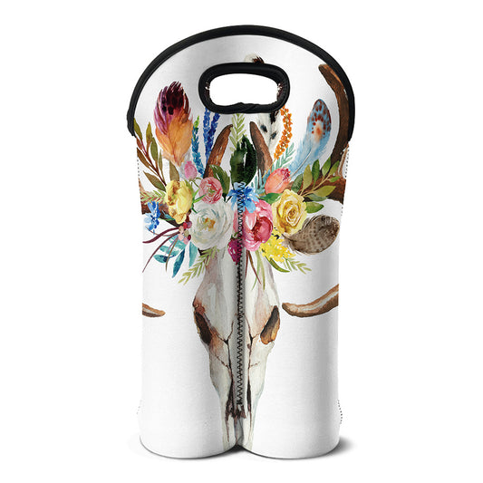 Boho Floral Deer Skull Print Double Neoprene Wine Tote