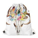 Boho Floral Deer Skull Print Drawstring Bag