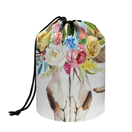 Boho Floral Deer Skull Print Drawstring Makeup Bag