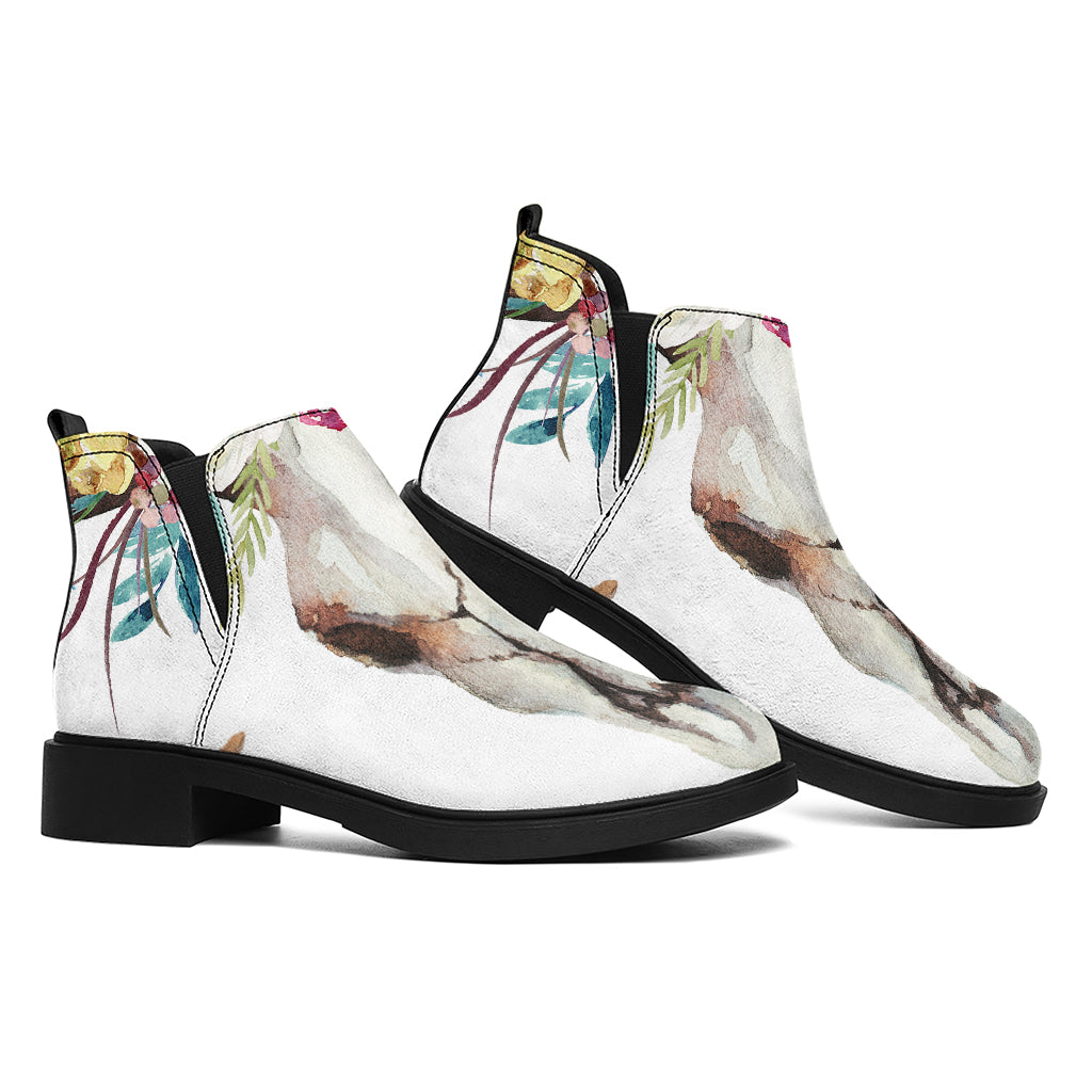 Boho Floral Deer Skull Print Flat Ankle Boots