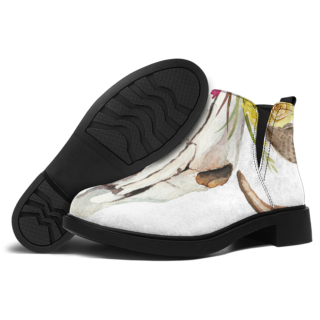 Boho Floral Deer Skull Print Flat Ankle Boots