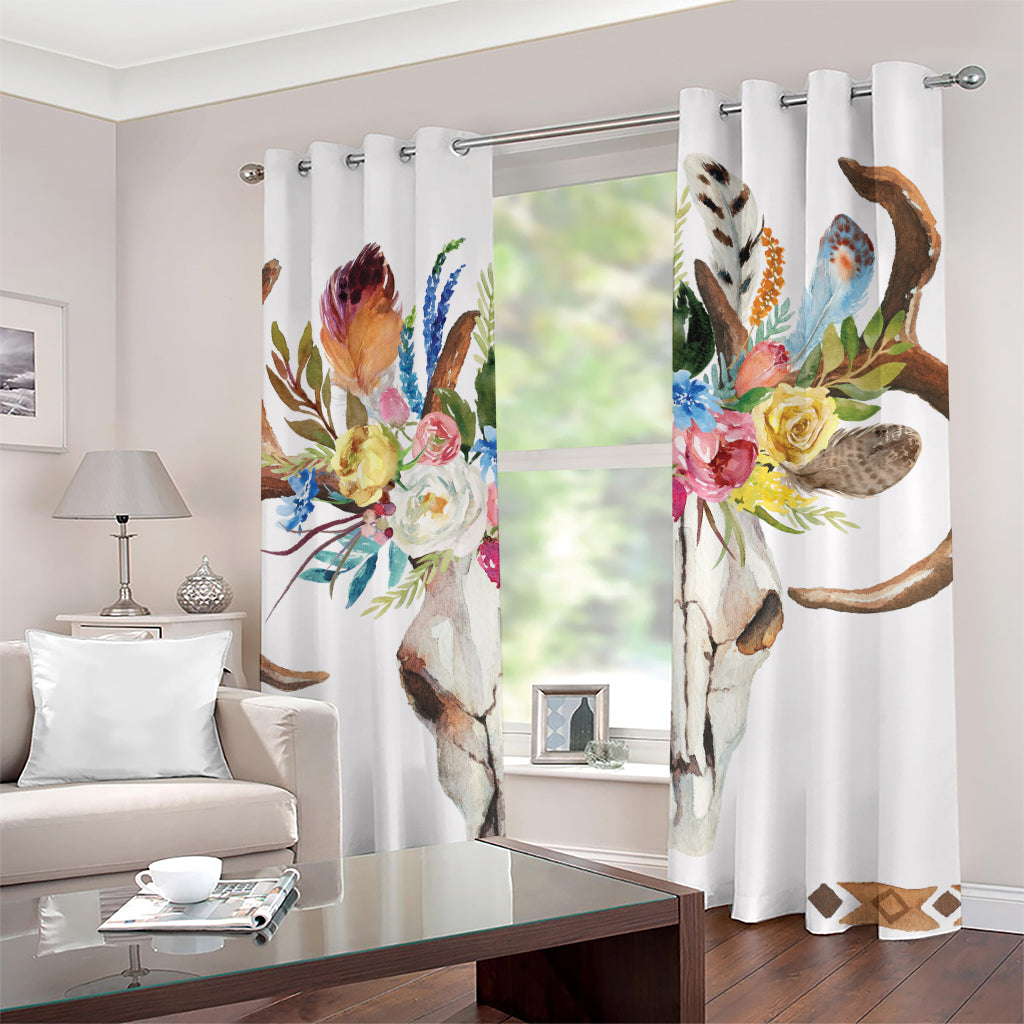 Boho Floral Deer Skull Print Grommet Curtains