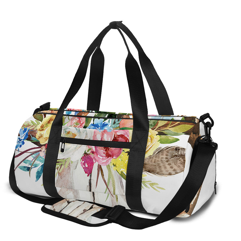 Boho Floral Deer Skull Print Gym Bag