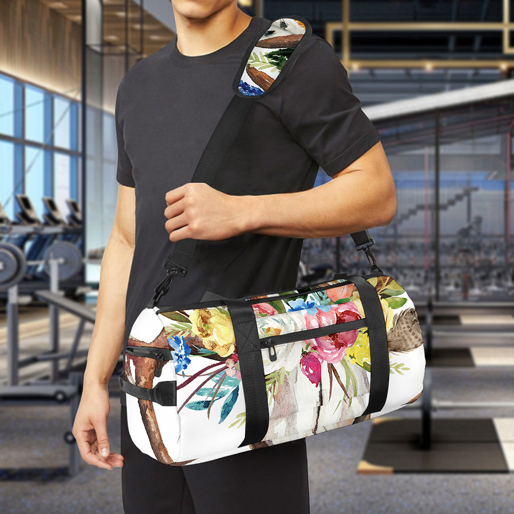 Boho Floral Deer Skull Print Gym Bag