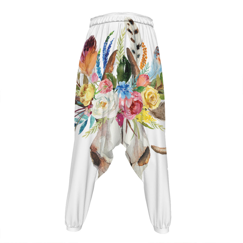 Boho Floral Deer Skull Print Hammer Pants
