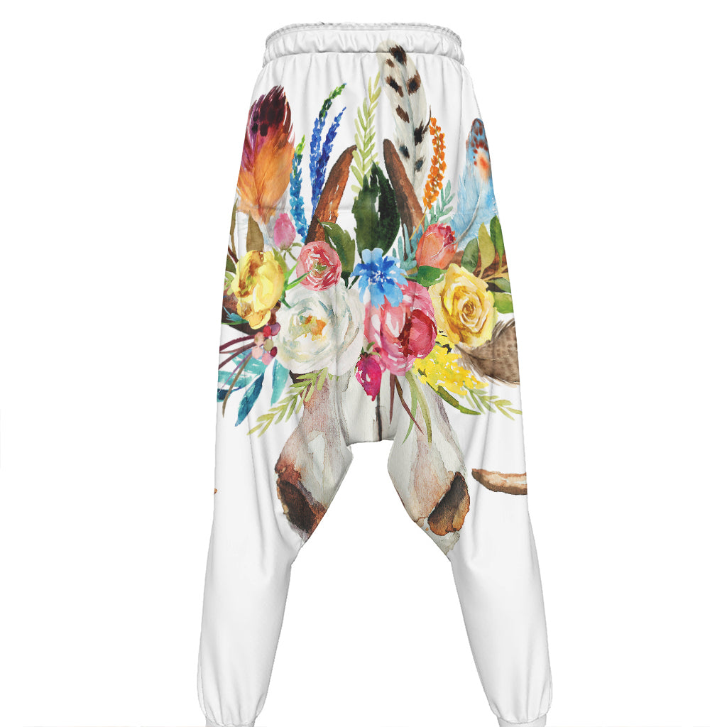 Boho Floral Deer Skull Print Hammer Pants