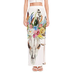 Boho Floral Deer Skull Print High Slit Maxi Skirt