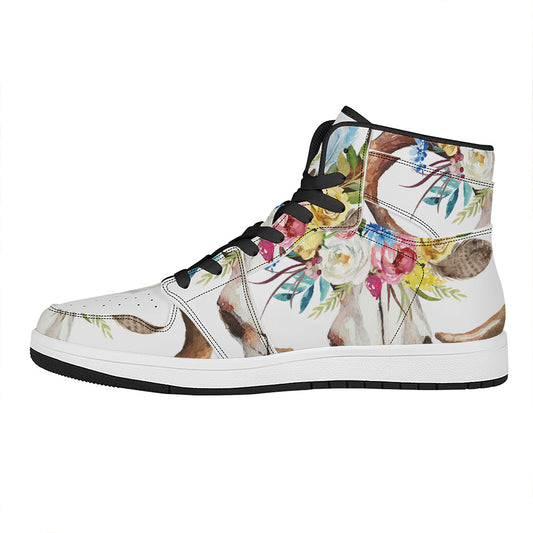 Boho Floral Deer Skull Print High Top Leather Sneakers