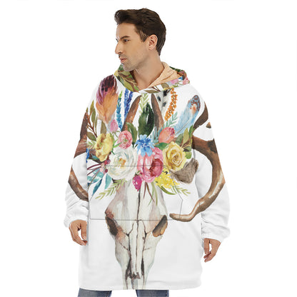 Boho Floral Deer Skull Print Hoodie Blanket