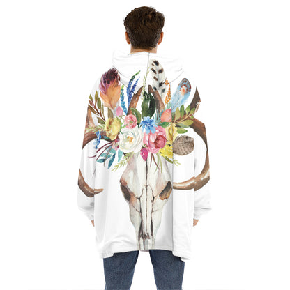 Boho Floral Deer Skull Print Hoodie Blanket