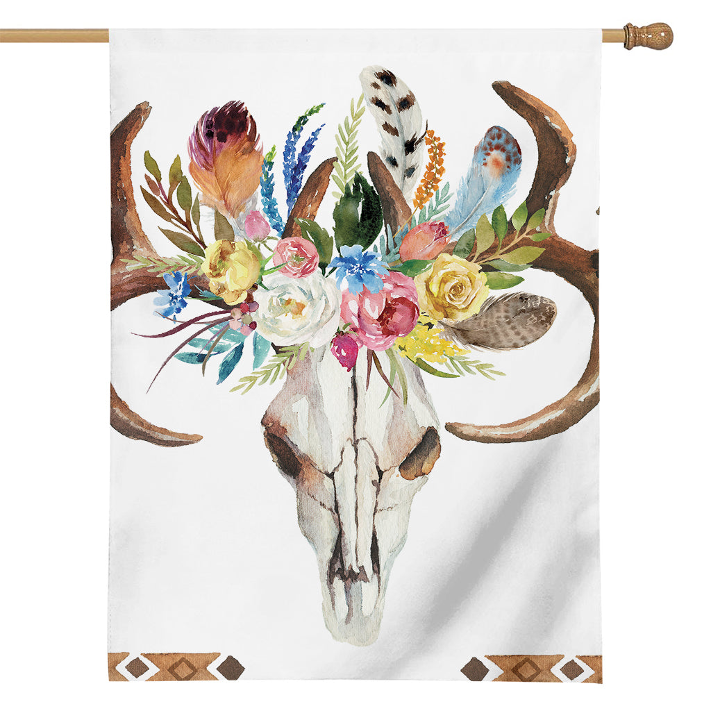 Boho Floral Deer Skull Print House Flag