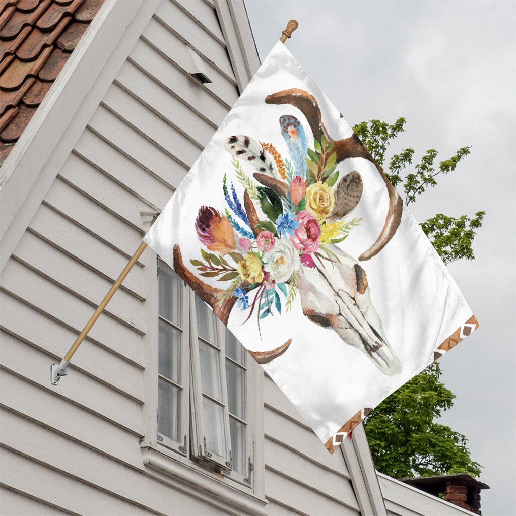 Boho Floral Deer Skull Print House Flag