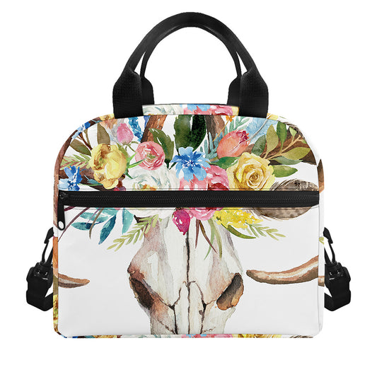 Boho Floral Deer Skull Print Insulated Lunch Bag