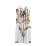 Boho Floral Deer Skull Print Jersey Midi Cami Dress