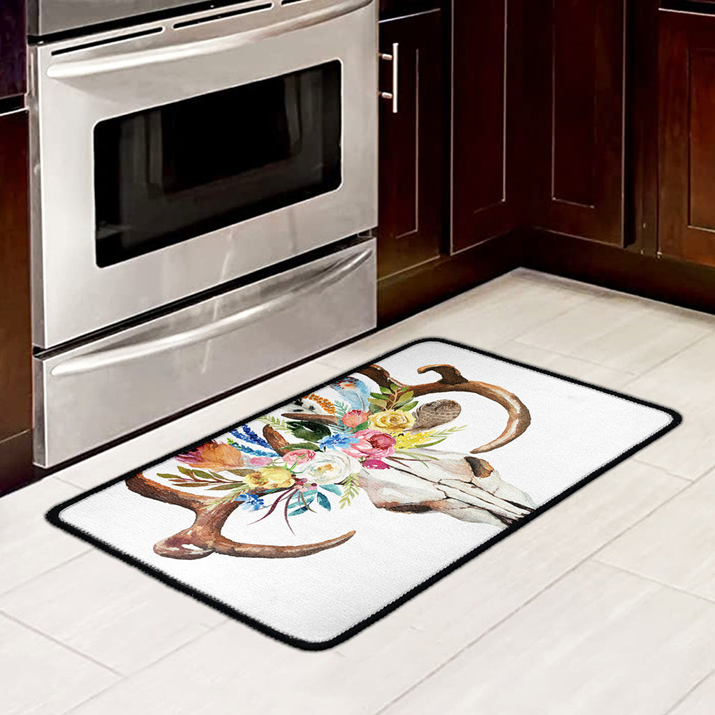 Boho Floral Deer Skull Print Kitchen Mat