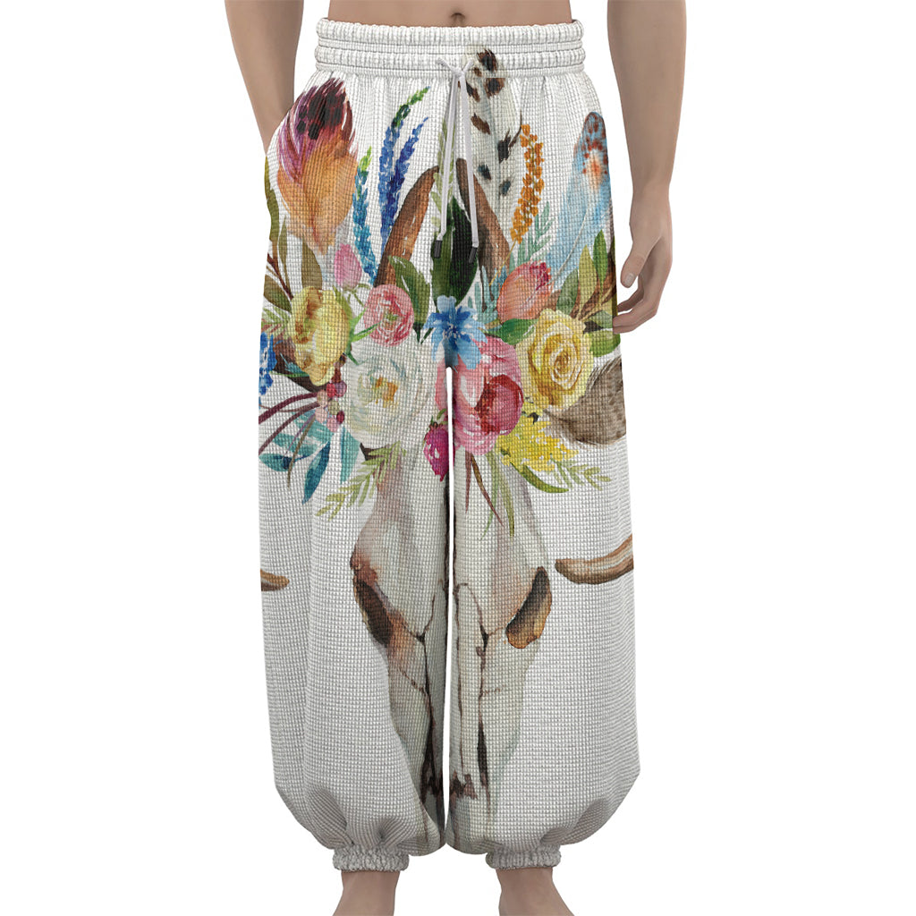 Boho Floral Deer Skull Print Lantern Pants
