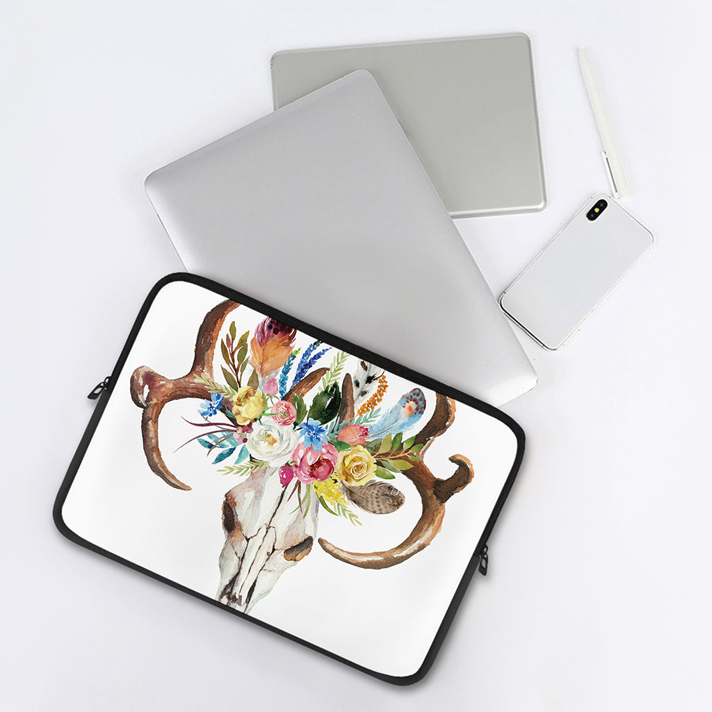 Boho Floral Deer Skull Print Laptop Sleeve