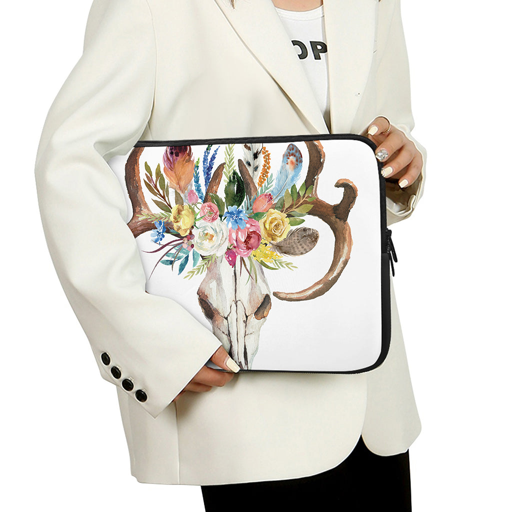 Boho Floral Deer Skull Print Laptop Sleeve