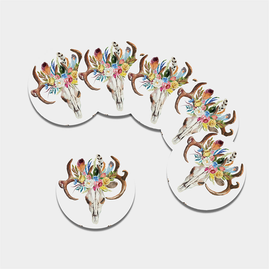 Boho Floral Deer Skull Print Leather Coaster Set