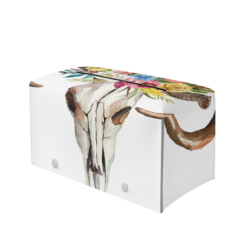 Boho Floral Deer Skull Print Leather Tissue Box Cover