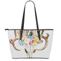 Boho Floral Deer Skull Print Leather Tote Bag With Zipper