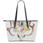 Boho Floral Deer Skull Print Leather Tote Bag
