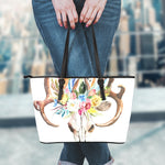 Boho Floral Deer Skull Print Leather Tote Bag