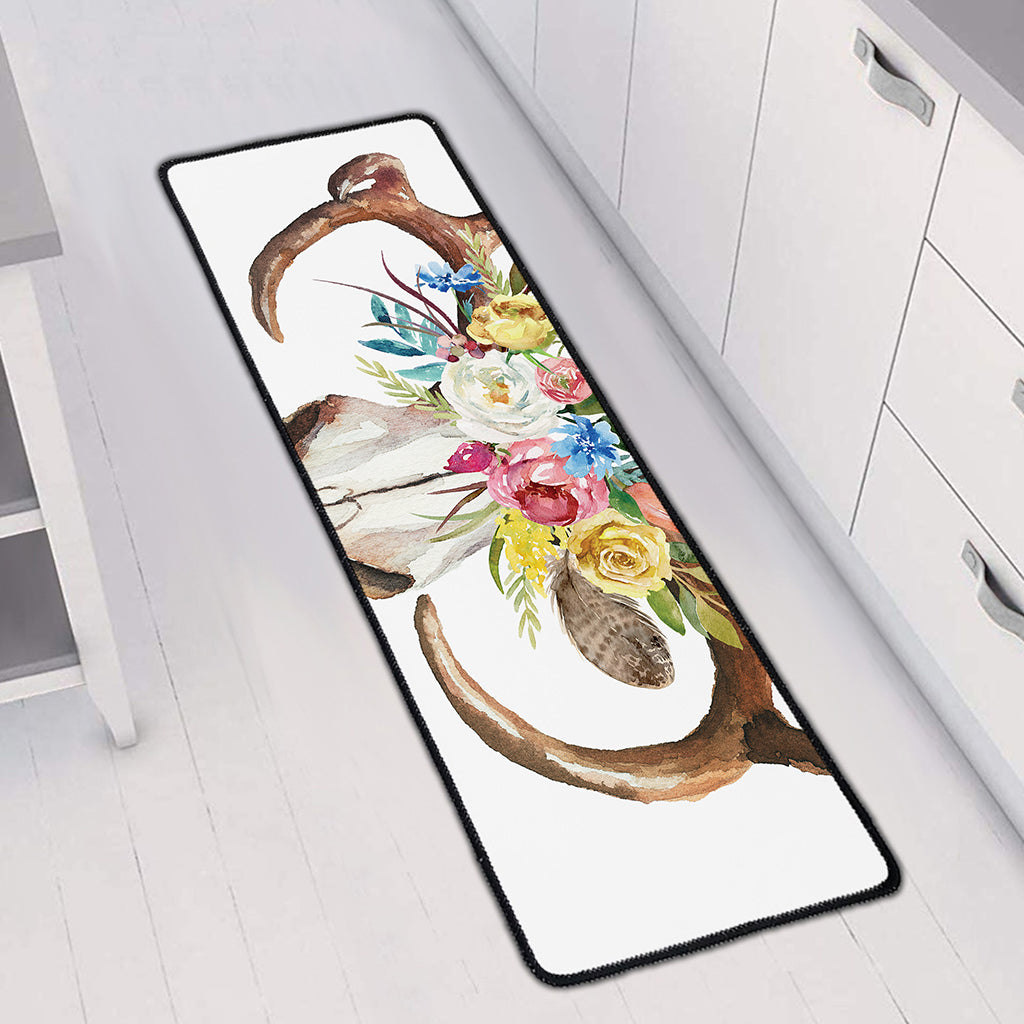 Boho Floral Deer Skull Print Long Kitchen Mat
